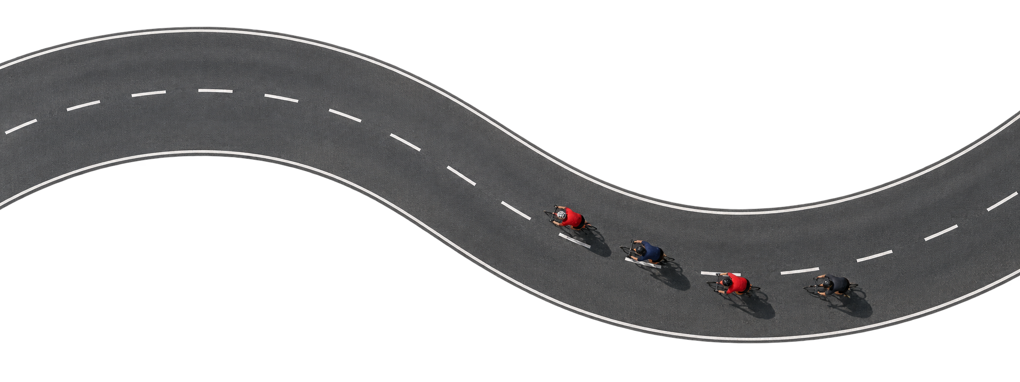 Overhead view of cyclists riding a curving road with centre and edge lines