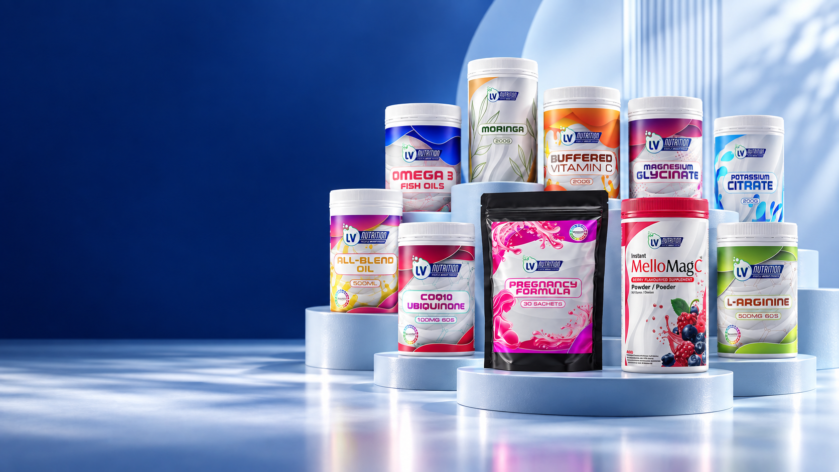 LV Nutrition’s redesigned product range, including Pregnancy Formula and Berry MelloMag C