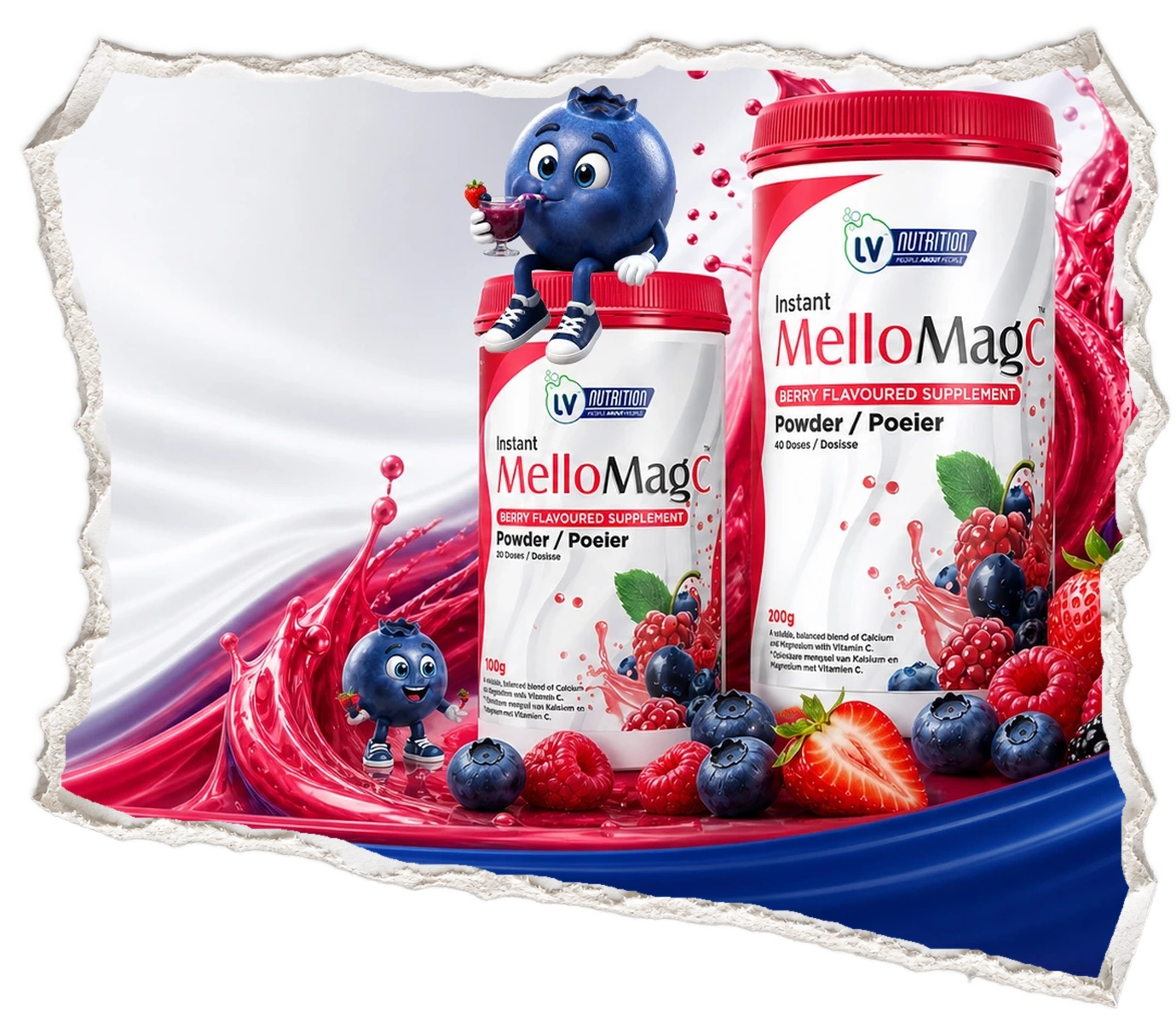 LV Nutrition MelloMagC berry product campaign with branded packaging and berry characters