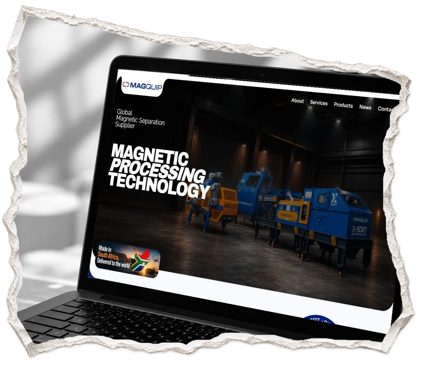 Magquip website presented on a black laptop in a softly lit studio