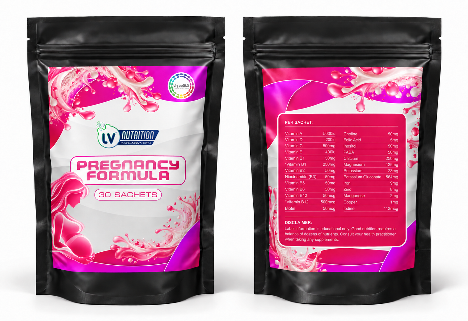 Redesigned LV Nutrition Pregnancy Formula packaging, front and back