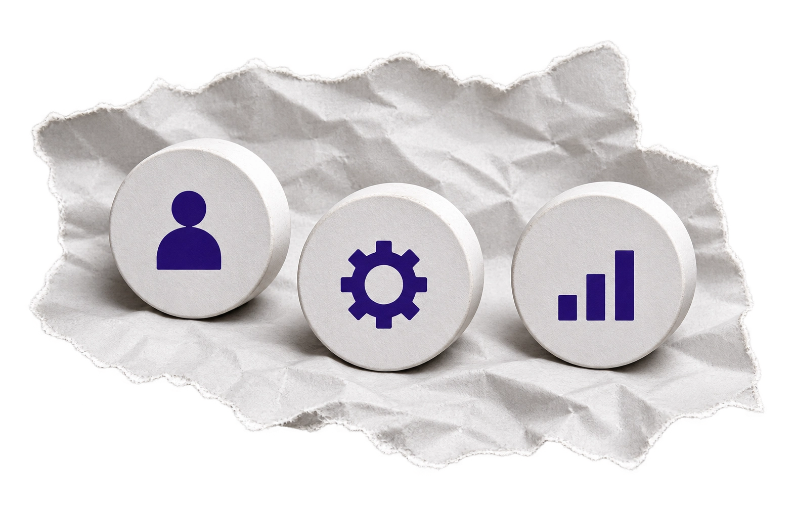 Three balanced paper medallions with centred person, gear and rising-bar icons.