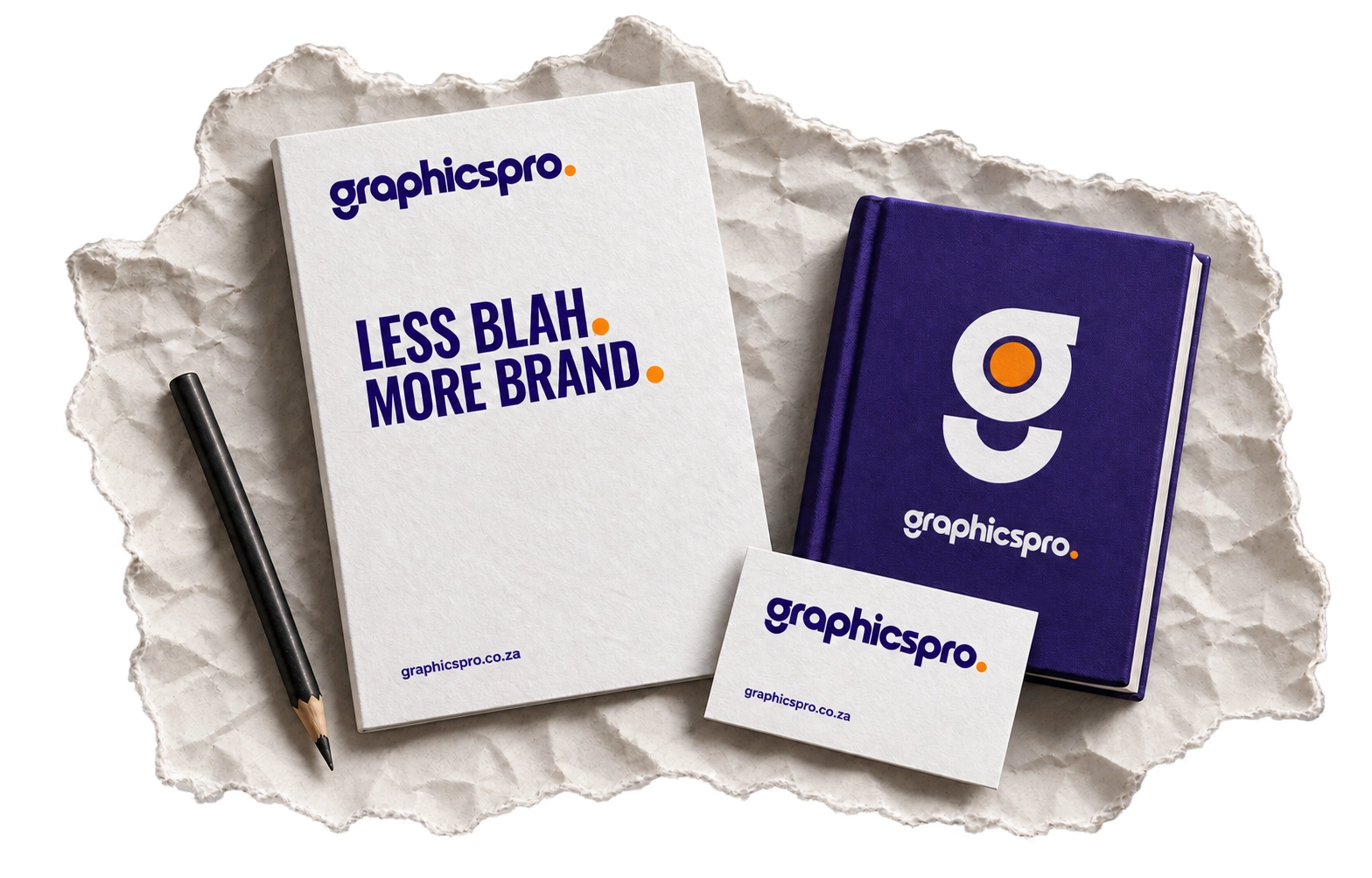 Three physical GraphicsPro stationery mockups with the approved logo and icon.