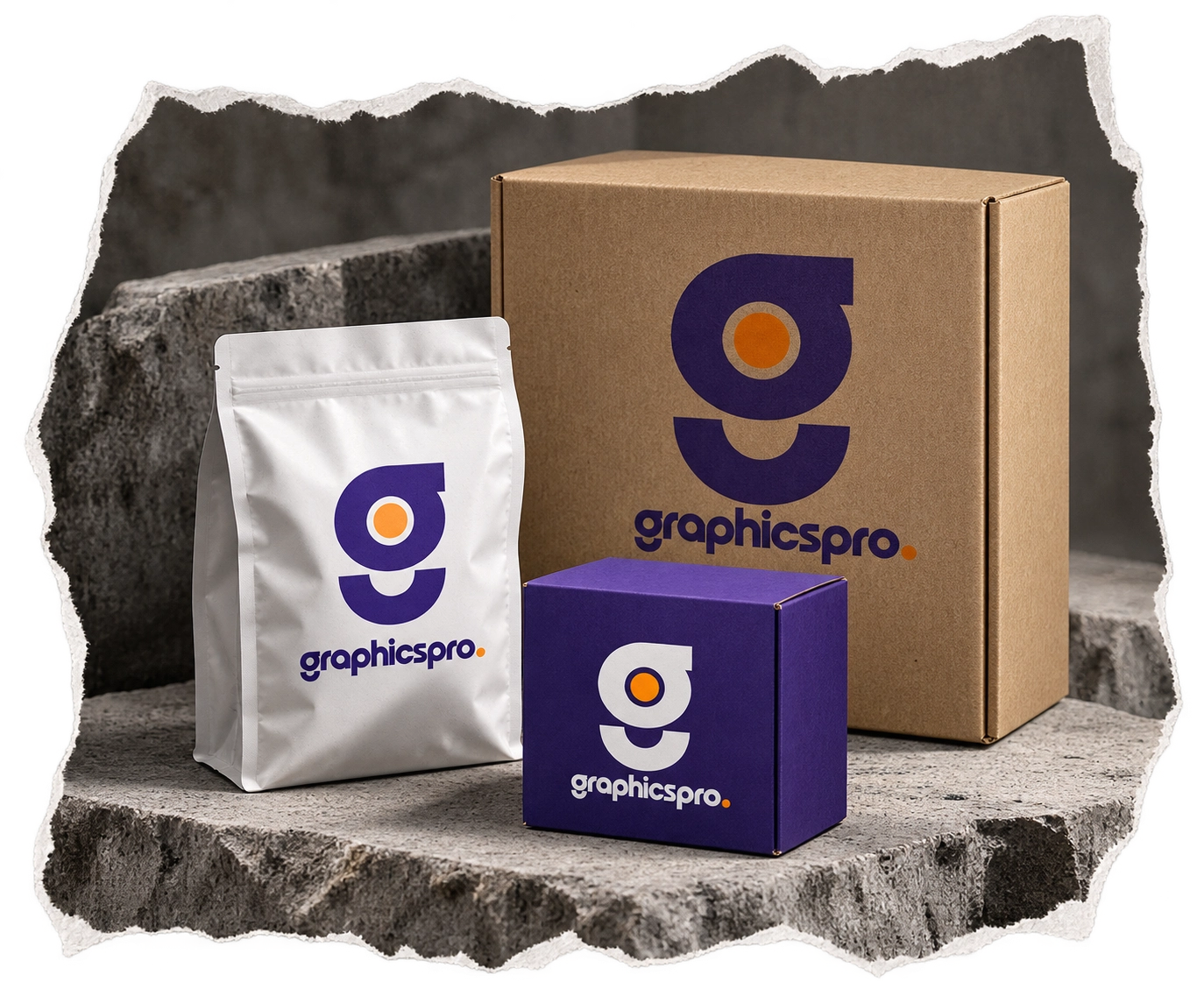 GraphicsPro demonstration packaging printed on a kraft box, white pouch and violet carton.