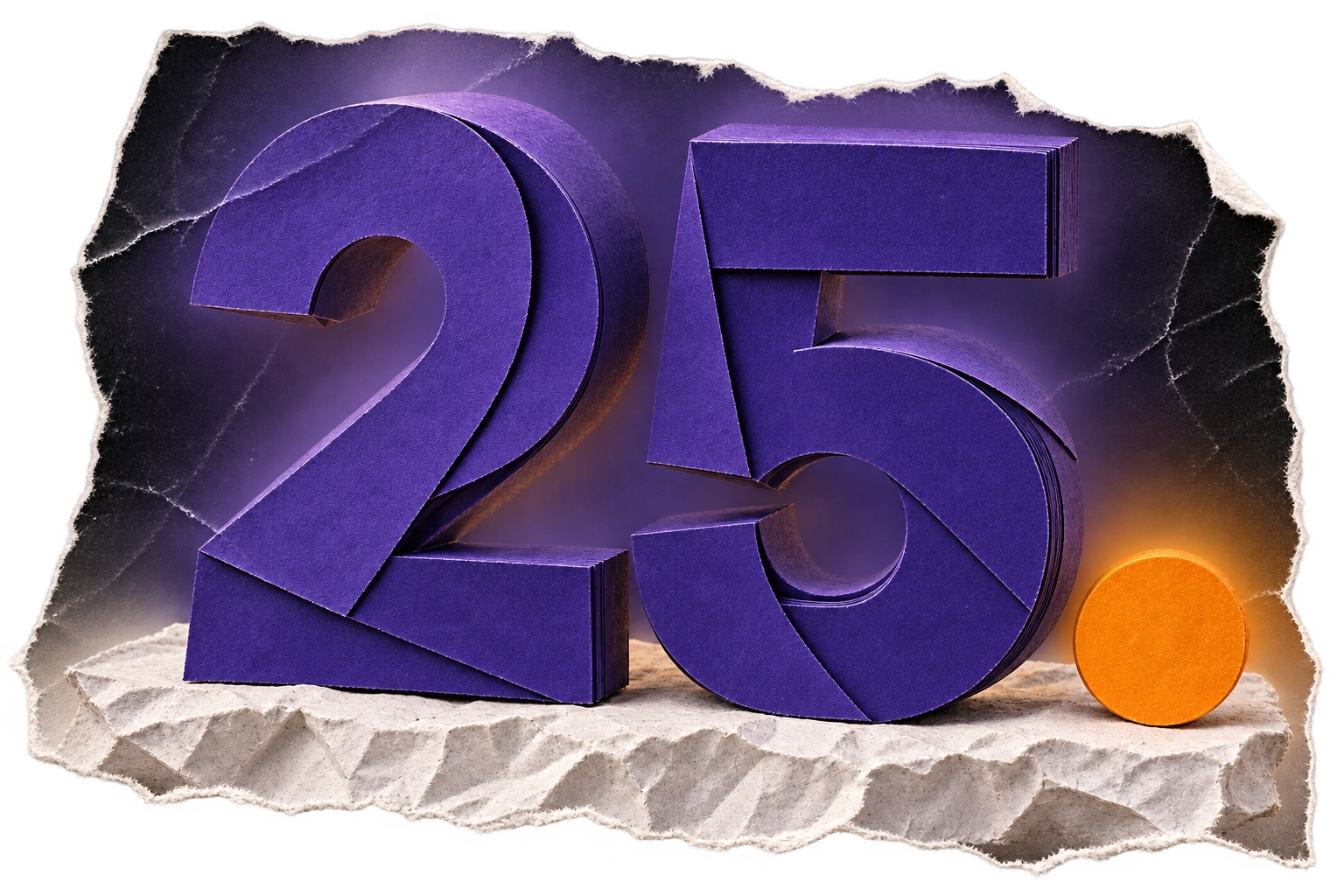 A sculptural violet paper 25 representing Jamie’s 25 years of personal design experience.